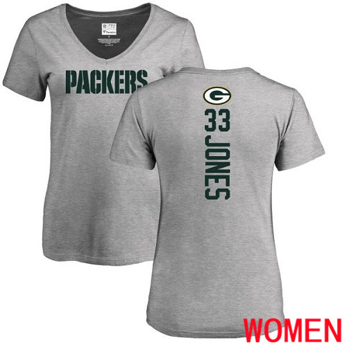 Green Bay Packers Ash Women #33 Jones Aaron Backer V-Neck Nike NFL T Shirt->nfl t-shirts->Sports Accessory